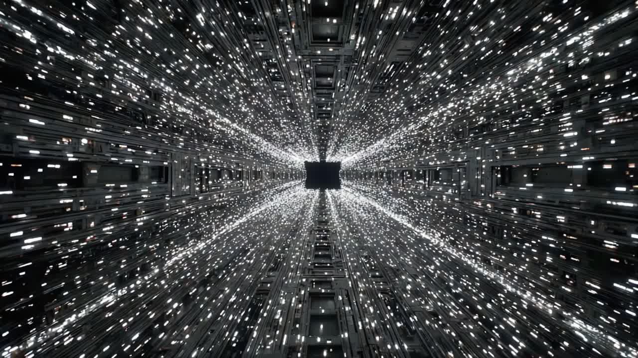 A Cosmic Journey Through an Infinite Space of Blinking Lights and Geometry, Capturing the Awe of Perspective in a Stunning Visual Experience