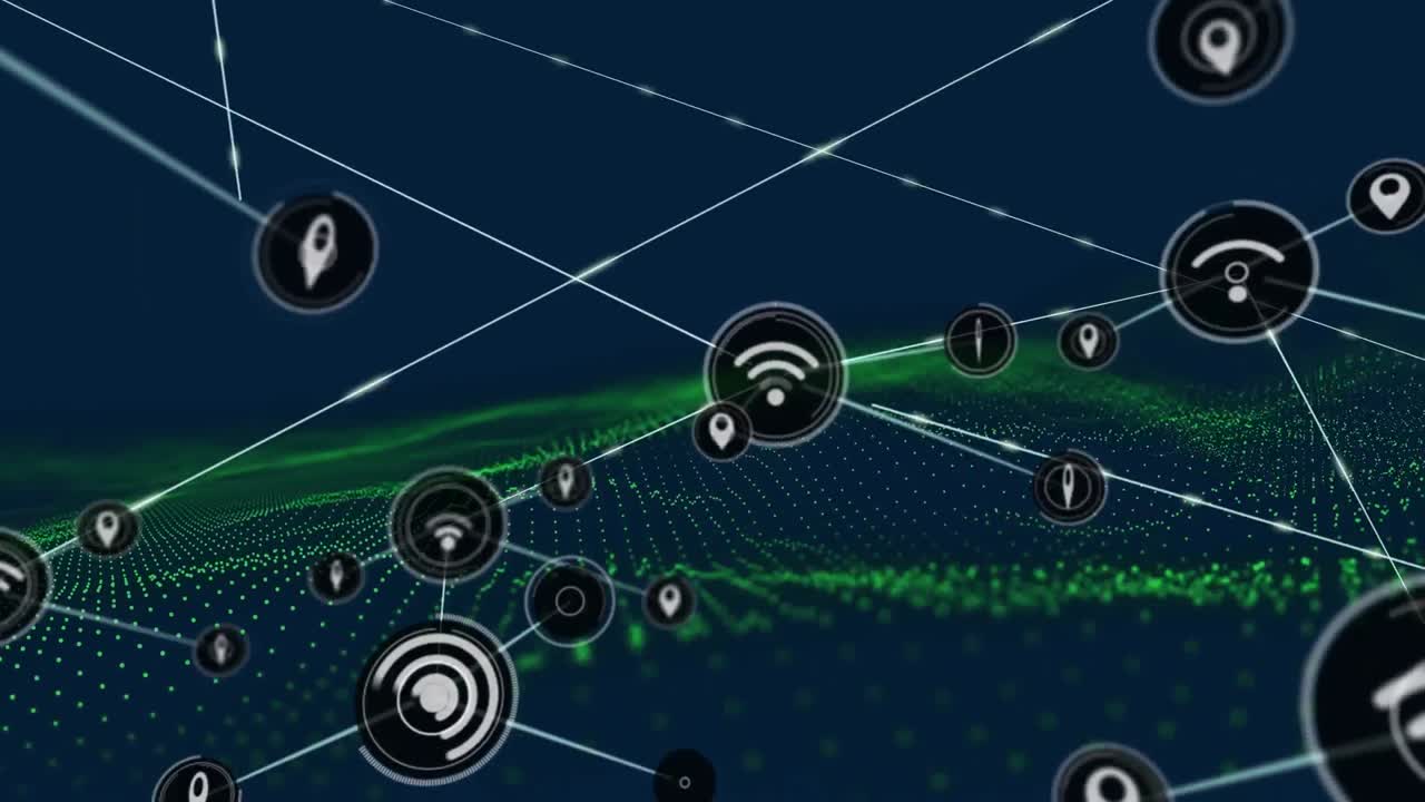 animación de la red de conexiones con iconos y puntos sobre fondo negro