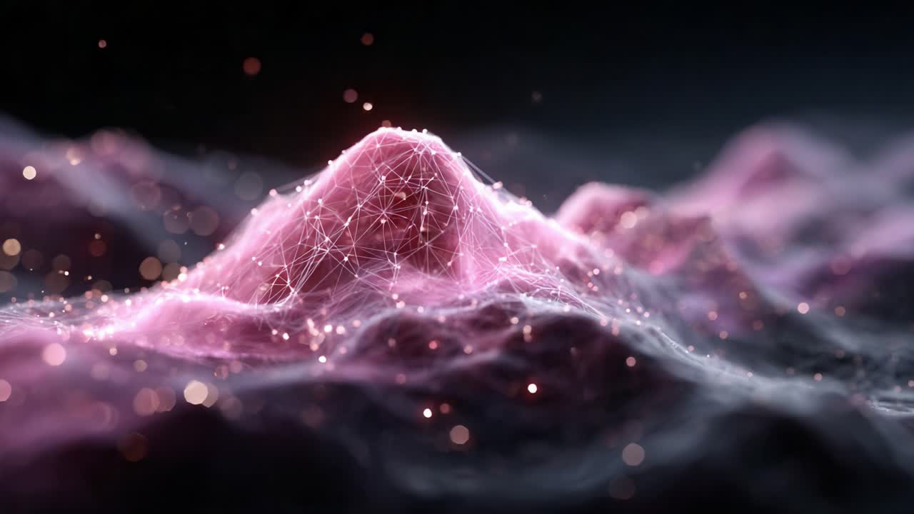 A Stunning Visualization of Abstract Landscapes Featuring Pink-Illuminated Mountain Ranges with Intricate Connecting Lines and a Dreamlike Atmosphere