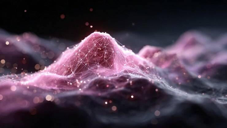 A Stunning Visualization of Abstract Landscapes Featuring Pink-Illuminated Mountain Ranges with Intricate Connecting Lines and a Dreamlike Atmosphere