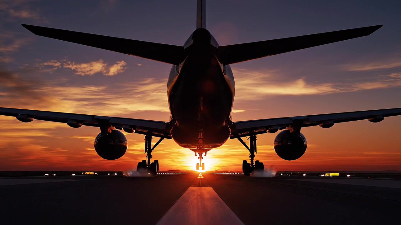 Avião Comercial Pousando em Pista de Aeroporto Durante Silhueta Dourada do Pôr do Sol