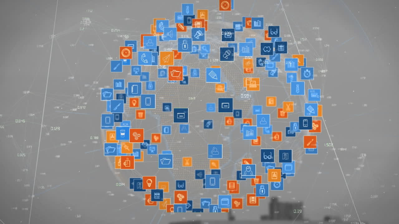 animación del globo con red de conexiones con íconos y paisaje urbano