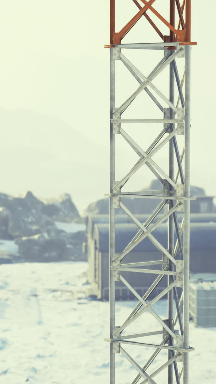 Snow covered landscape with a tall tower and industrial buildings at dawn