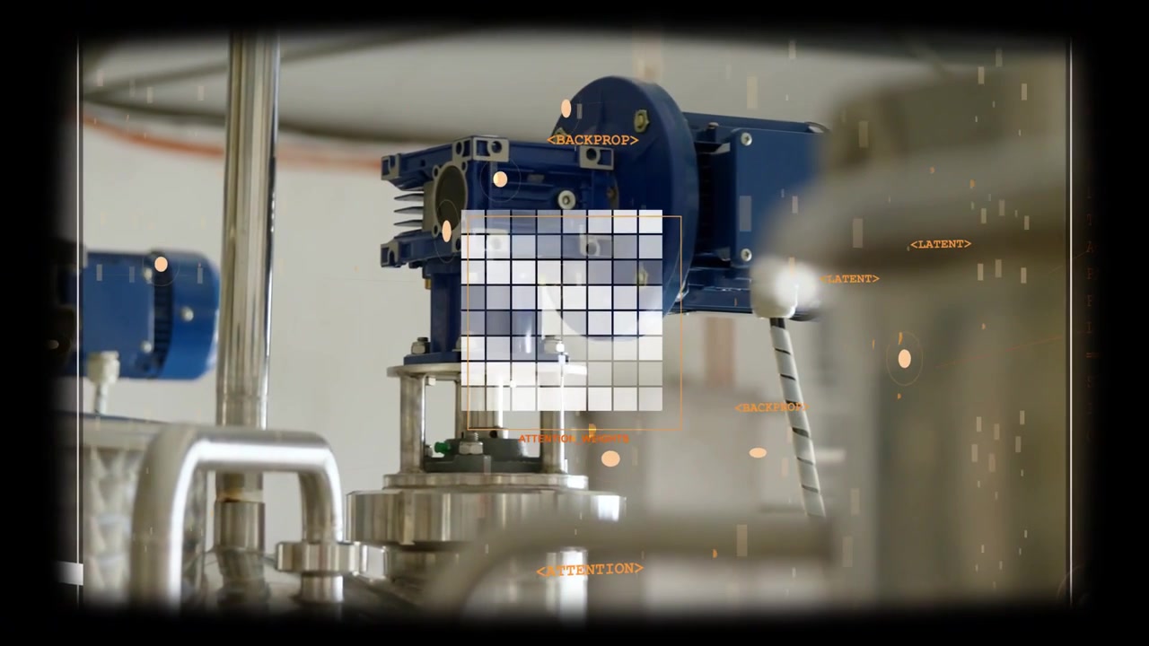 HUD activating grid scanning process vessel, orange markers marking blue actuator flange for check