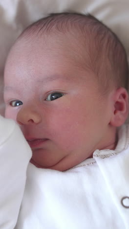 Funny infant. Adorable newborn baby sleeping and yawning on bed. Lovely toddler at home. Close-up Vertical video