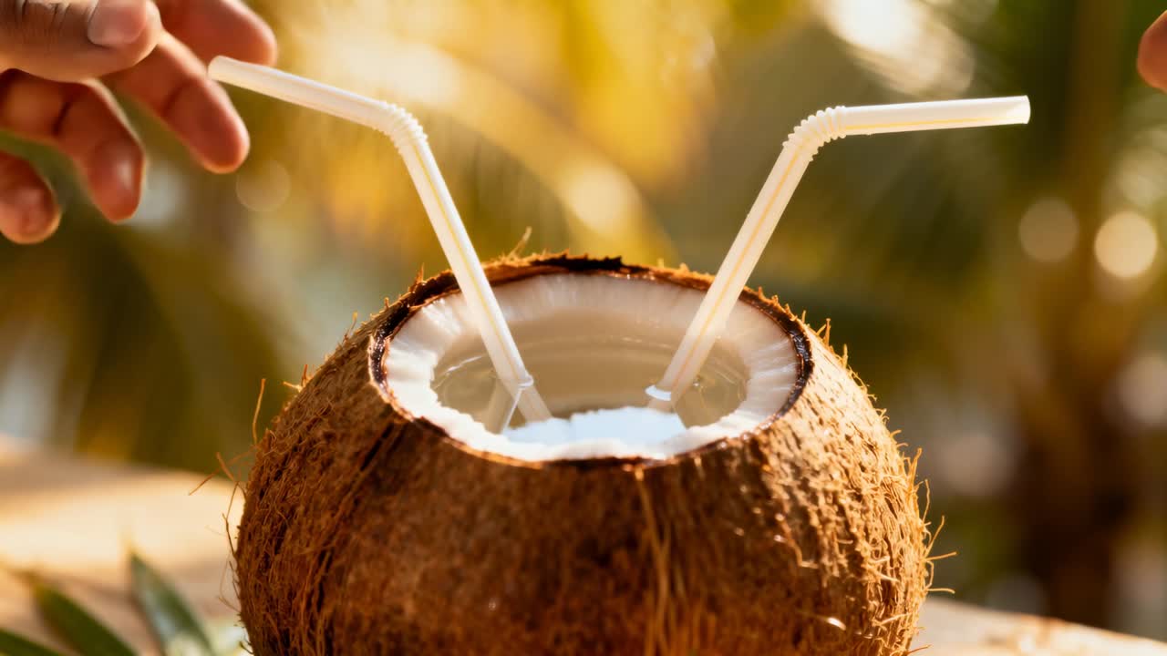 Vertical video: Falling droplet making ripples as two hands grasping straws sharing coconut beach