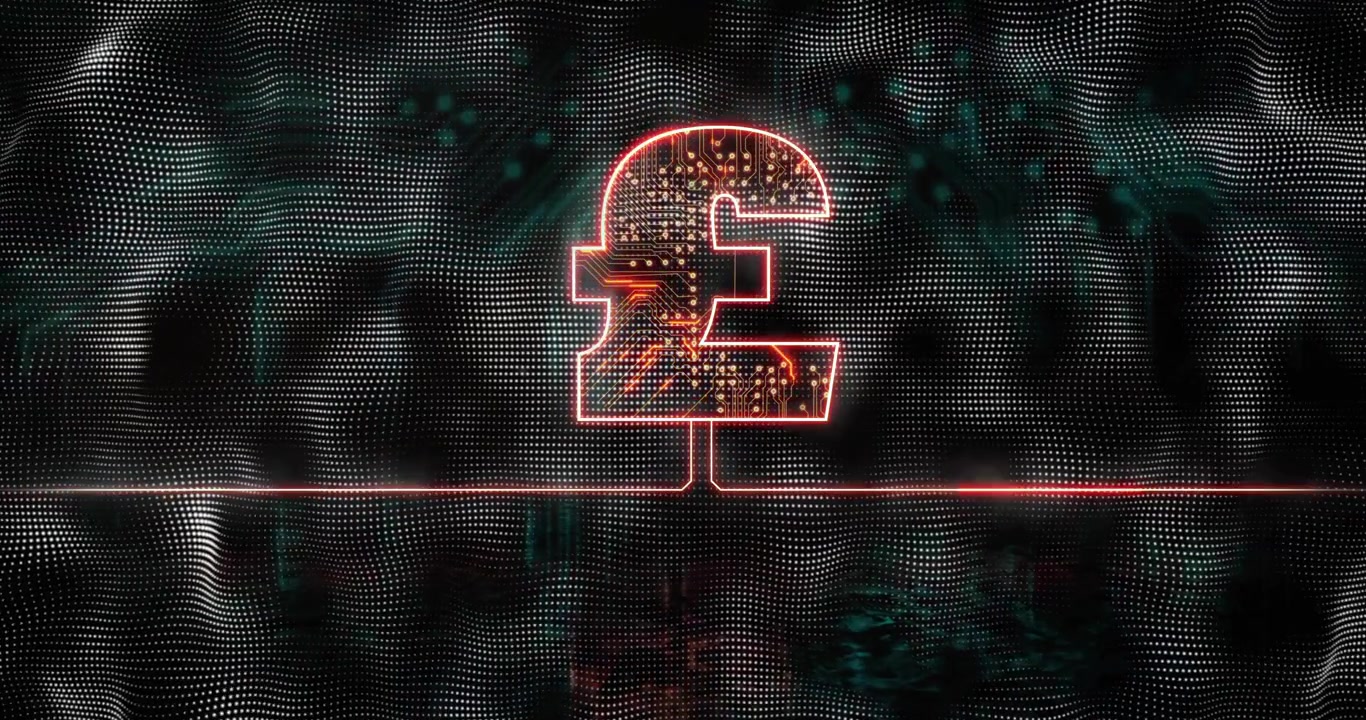 Neon-red pound sign emerging while pulsing bar, circuits lighting, dots rippling to visualize funds