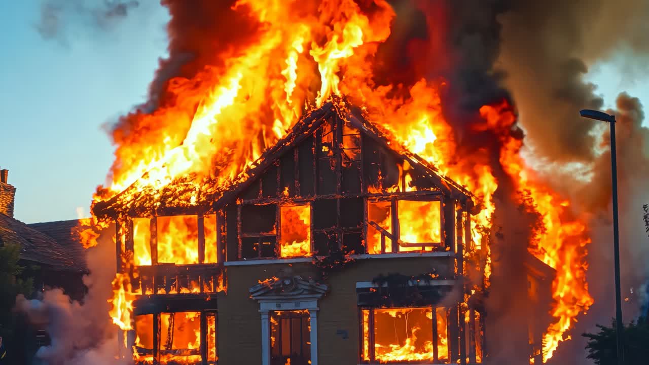 그 앞에 서 있는 사람들과 함께 불타는 집