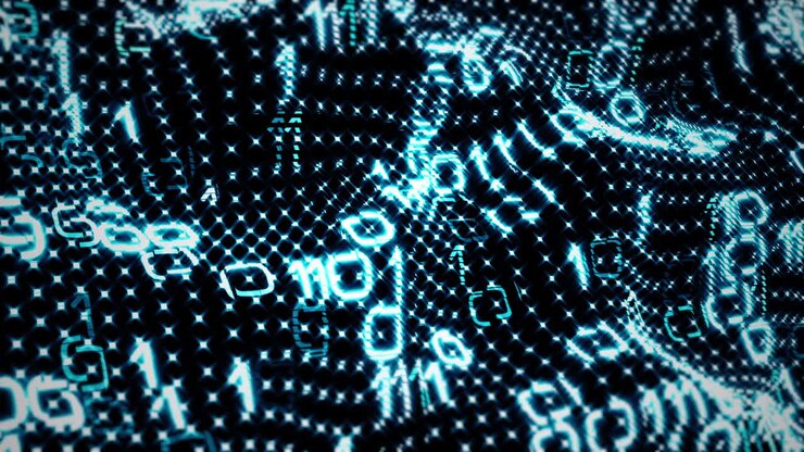 3D perspective Sci-fi futuristic technology with blue digital grid binary flow wall texture pattern animation. 4K seamless loop hi-tech electronics wall digital circuit concept for science technology
