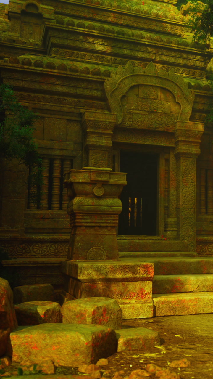 Ancient temple ruins bask under golden sunlight in serene jungle setting