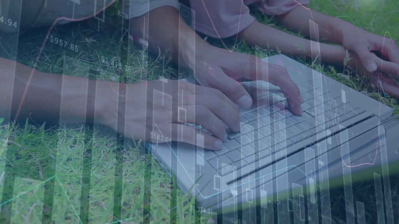 Animation of statistics processing over man using laptop