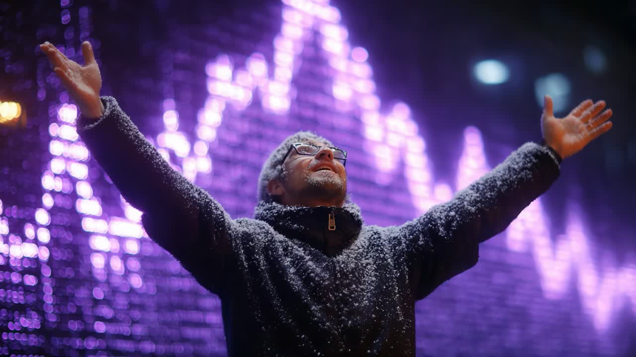 A Snow-Covered Figure Embraces the Winter Weather with Outstretched Arms Against a Vibrant Purple Backdrop of Abstract Patterns, Capturing a Moment of Joy Amidst the Cold
