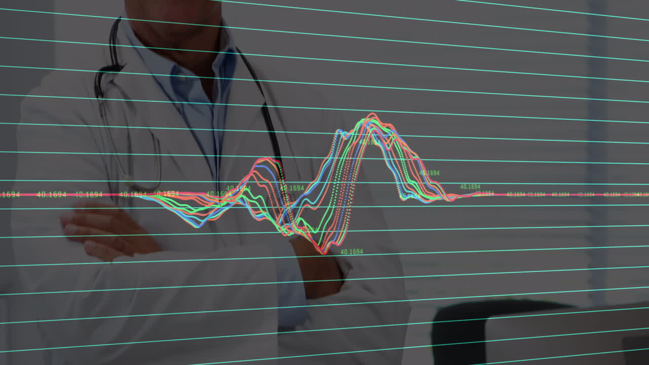 Animazione di elaborazione dati su un medico caucasico sorridente