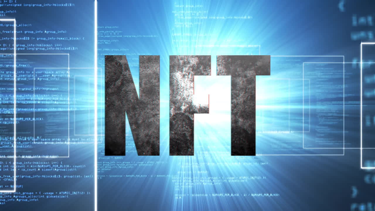Animation of NFT text glowing over digital coding background with blue light effects