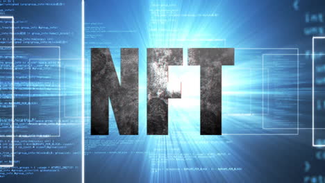 animation of nft text glowing over digital coding background with blue light effects