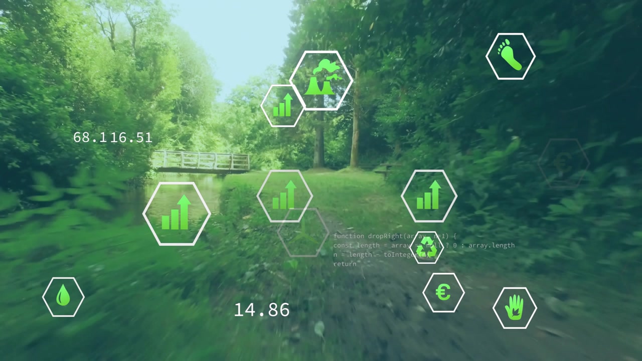 Camera moving along wood trail spawning hex icons aligning to trail updating eco data near bridge