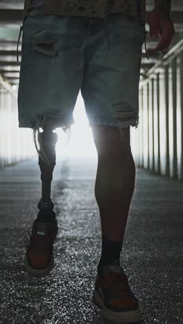 man with prosthetic leg walking through a tunnel