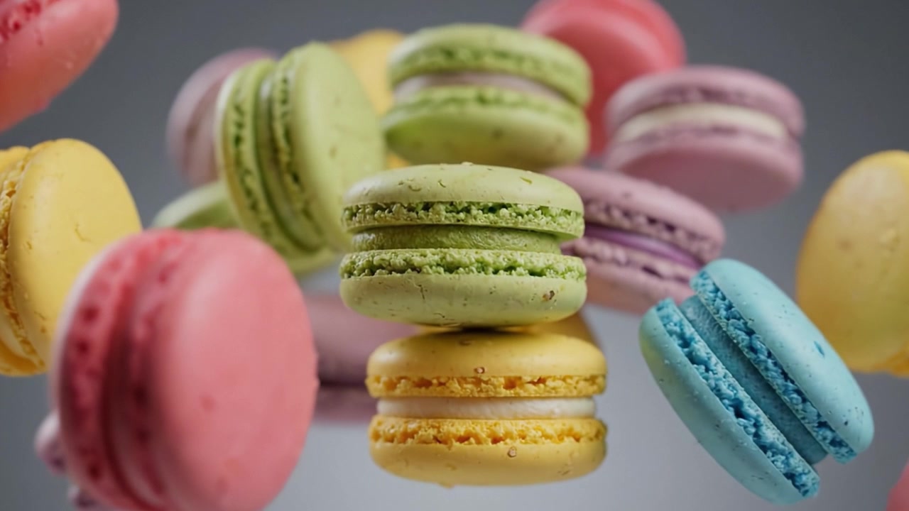Colorful Assortment of Delicious Macarons Floating Elegantly in Mid-Air, Showcasing Their Vibrant Hues and Irresistible Appeal, Perfect for Dessert Lovers