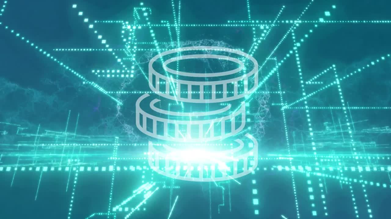 연결 네트워크를 통해 동전 아이콘의 애니메이션과 검은 바탕에 디지털 두뇌