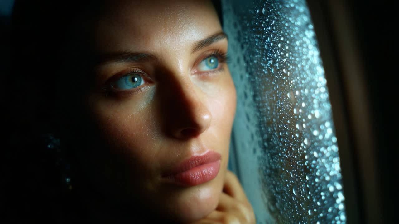 A Captivating Portrait of a Woman gazing Dreamily out of a Rain-Drenched Window, Capturing the Essence of Reflection and Contemplation Surrounded by Raindrops and Soft Lighting for Emotional Resonance