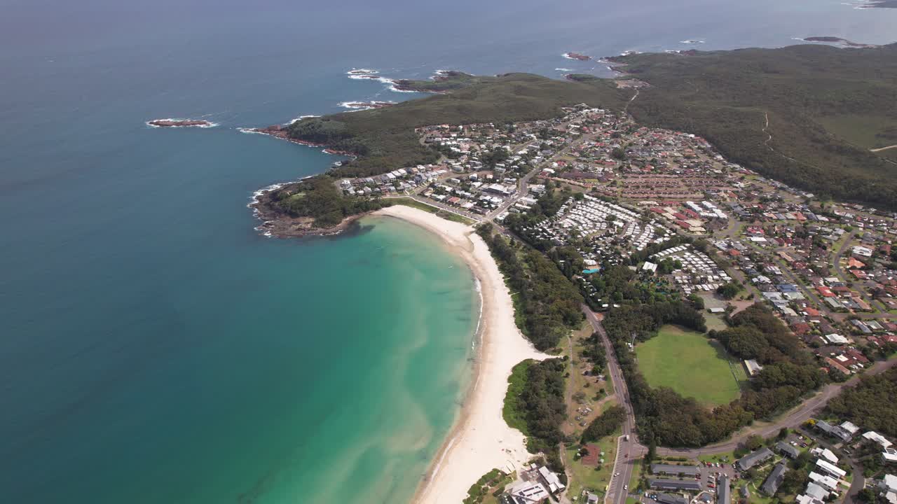 Fingal Bay Suburb, White Sand Beach And Blue Sea In New South Wales, Australia. - aerial shot