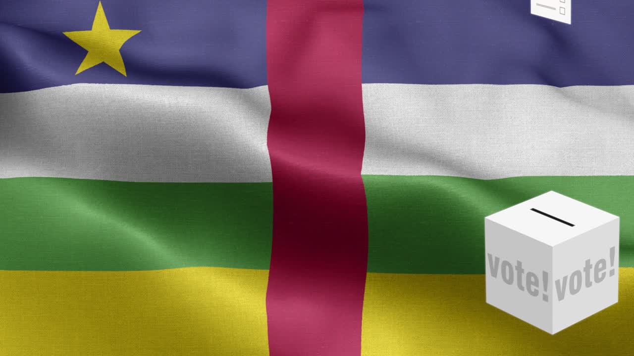 las papeletas vuelan a la caja para la selección de áfrica central - bandera de la república centroafricana - bandera de la república centroafrica de alto detalle - bandera nacional de la república central africana patrón de ondas elementos loopables - textura de tela y bucle sin fin - bandera vertical