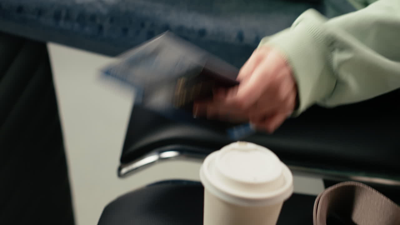 Viajante Verificando Cartão de Embarque e Telefone no Aeroporto.