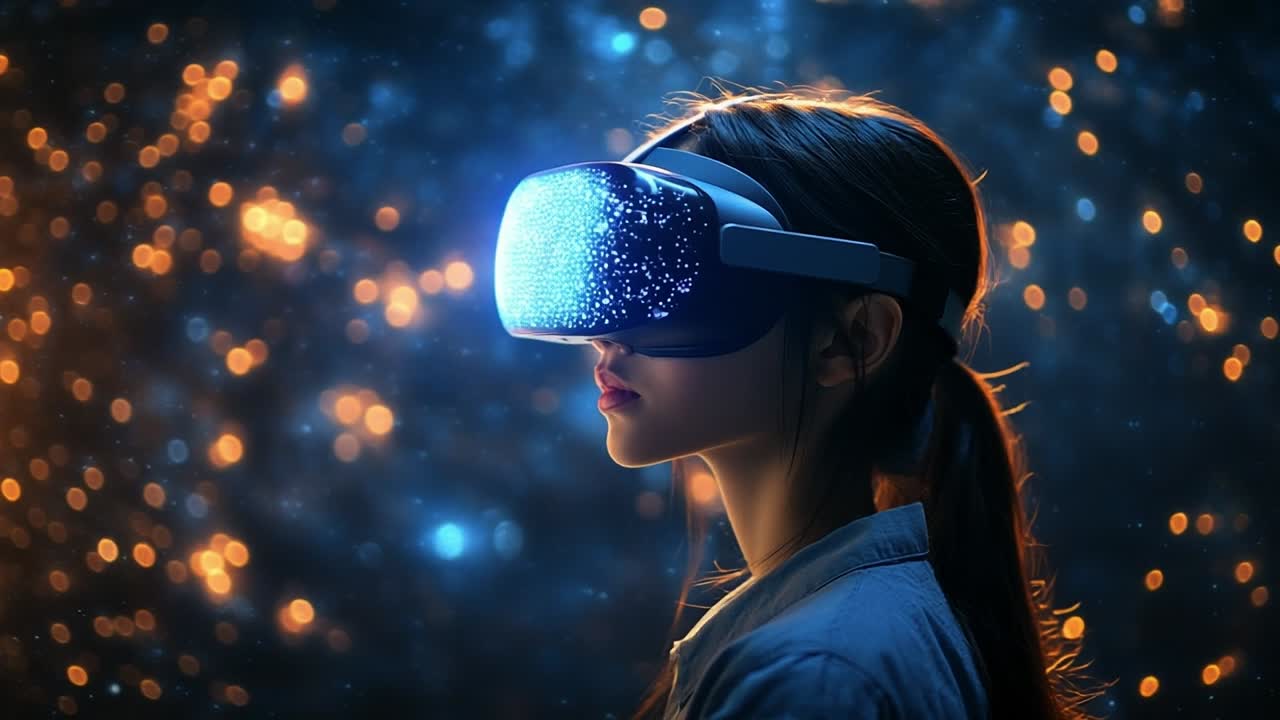 VR adventure in the dark. A young woman with a VR headset interacts with immersive tech in a dimly lit, colorful space.