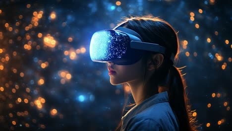 vr adventure in the dark. a young woman with a vr headset interacts with immersive tech in a dimly lit, colorful space.
