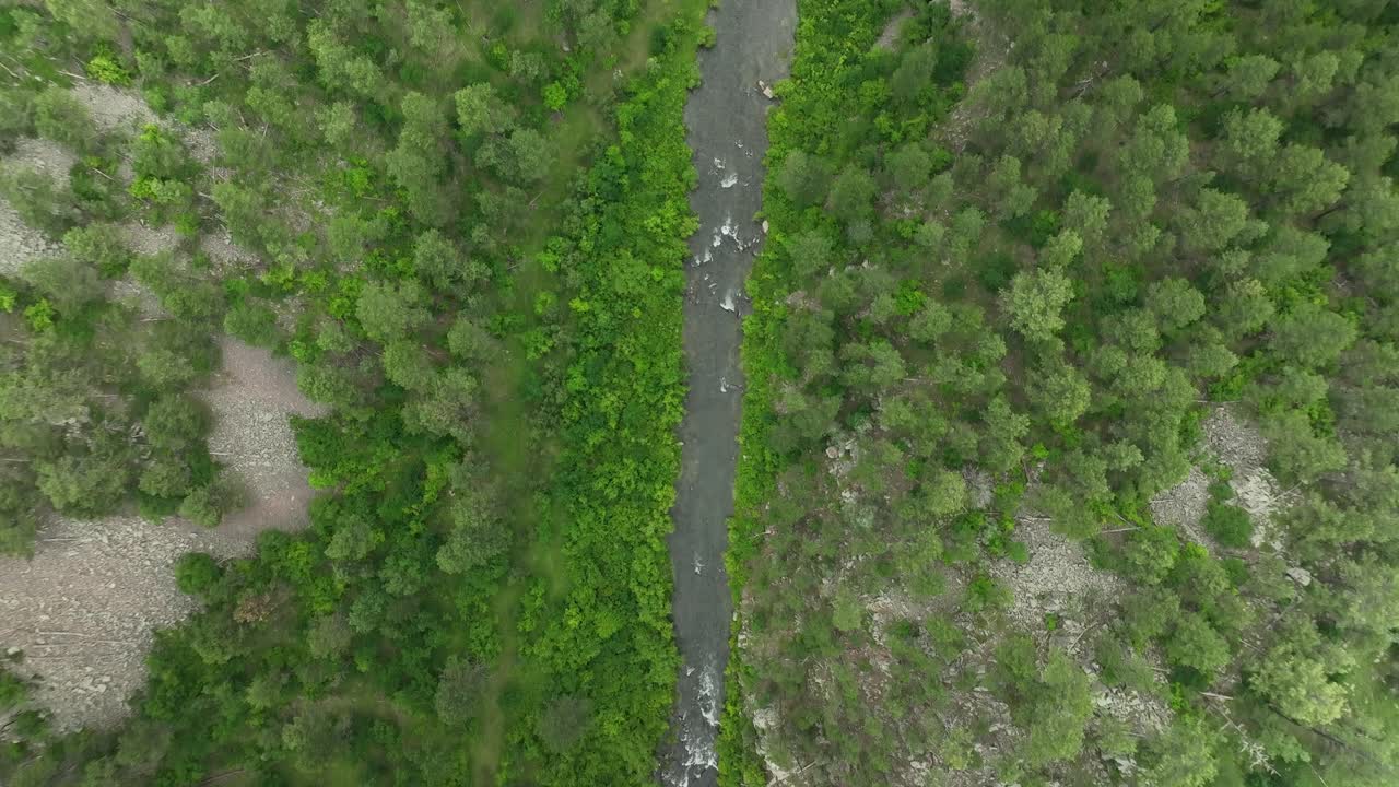 A top-down shot from a drone flying over and following a river in a forested canyon