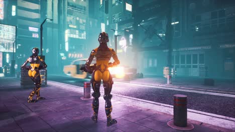 los robots patrullan la calle nocturna de la ciudad del futuro a lo largo de la cual los coches voladores se apresuran. animación de bucle sin fisuras para fondos de ficción, cibernética y ciencia ficción. vista de una ciudad futura.