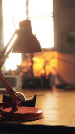 red desk lamp on wooden desk in a sunlit office