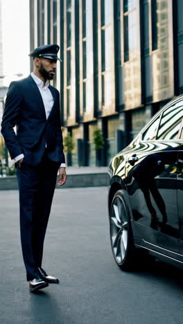 chauffeur opening and entering a luxury black car