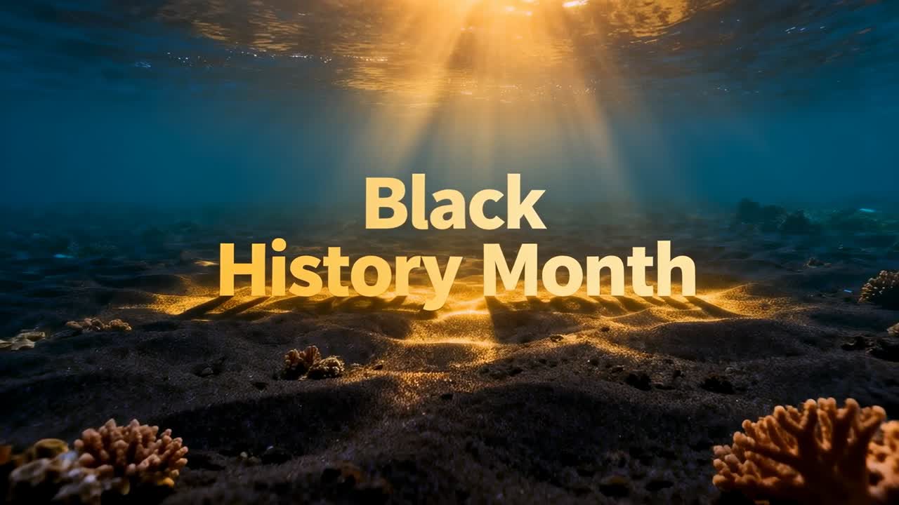 Titolo 3D dorato e brillante per il Mese della storia afroamericana che riflette i raggi del sole sul fondale sabbioso con corallo