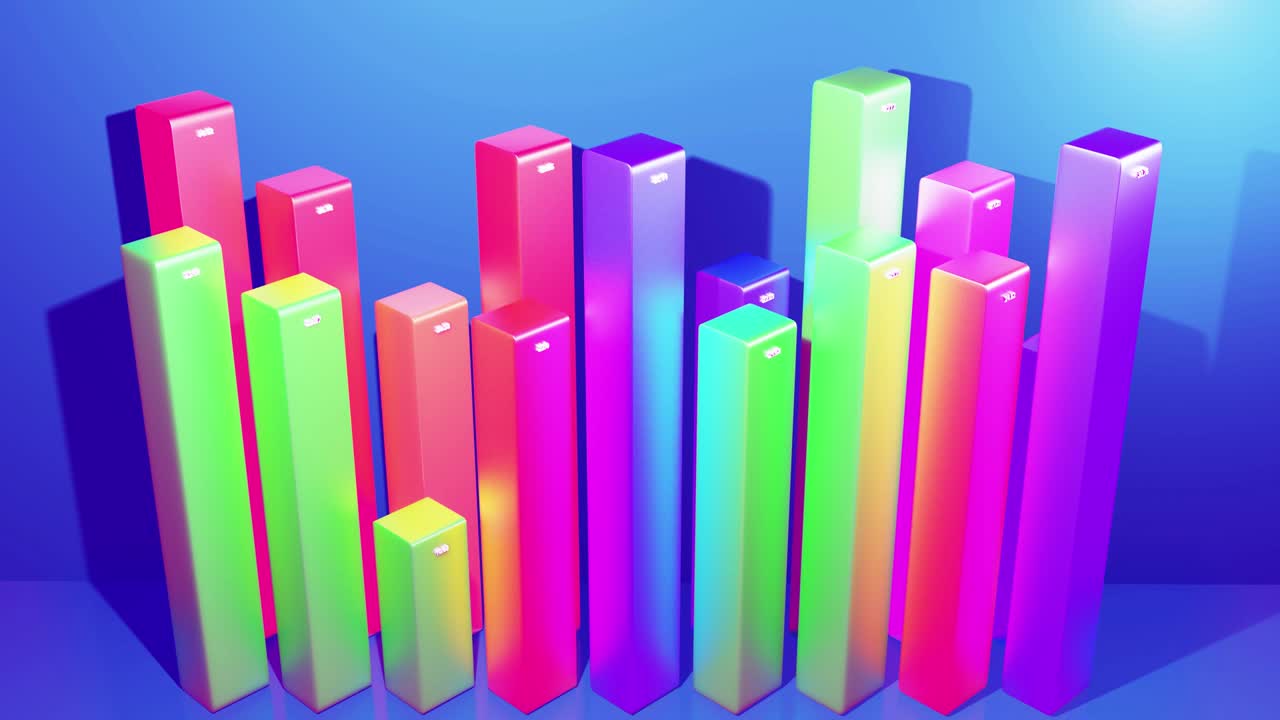 hermoso fondo en bucle 3d para programas analíticos con infografías abstractas, datos estadísticos. barras multicolores, contadores y gráficos. columnas 3d se mueven suavemente arriba y abajo en bucle. bg financiero
