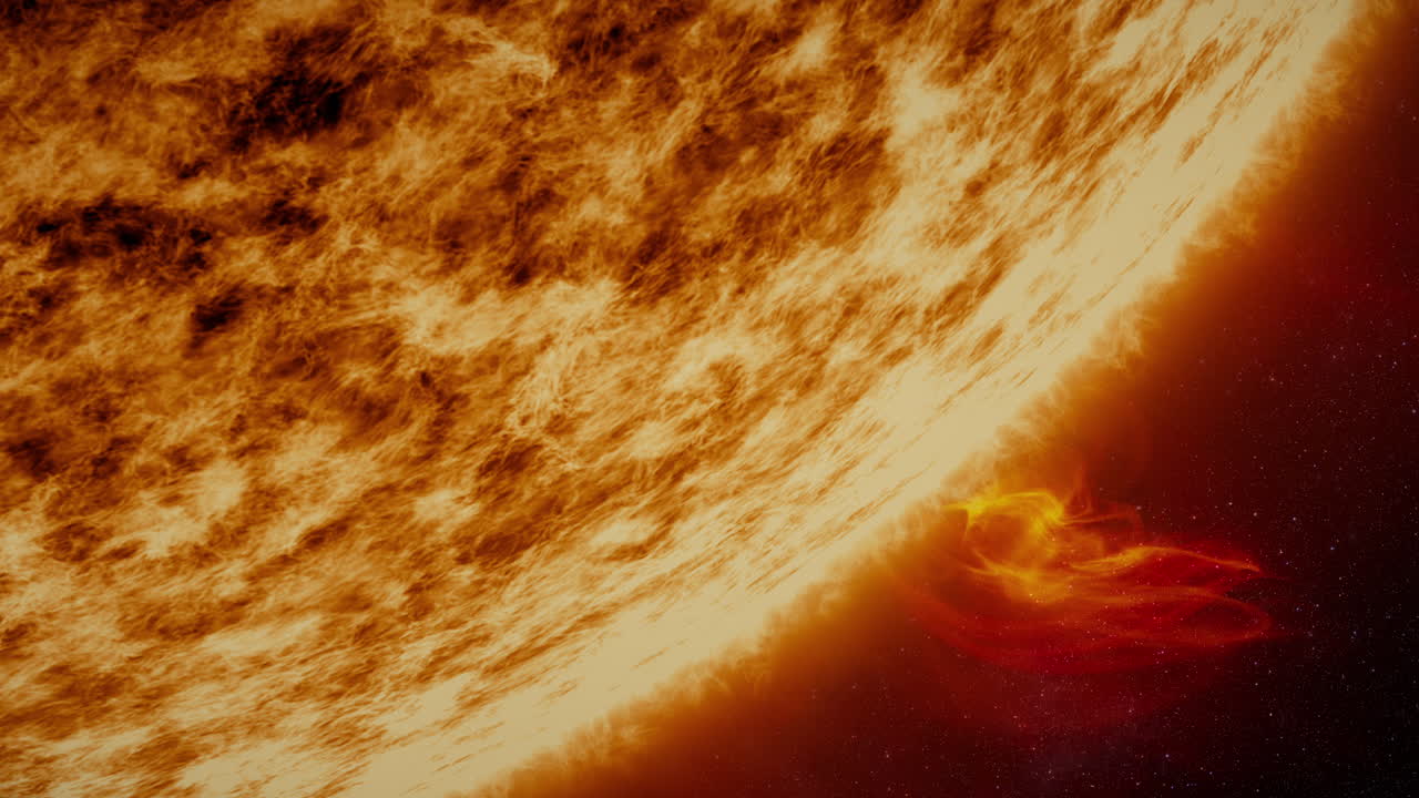Intense solar flare bursts from the sun’s fiery surface, unleashing a breathtaking torrent of coronal particles that cascade into the vast cosmic expanse