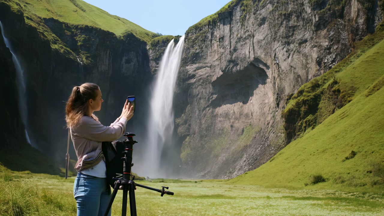 Fotógrafo caucasiano montando tripé perto de uma cachoeira, em um vale verdejante, ajusta a câmera e a lente, verifica