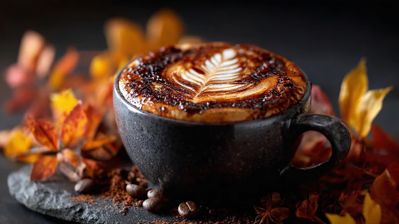 A Beautifully Crafted Cup of Coffee Adorned with a Leaf Design, Surrounded by Autumn Leaves and Textures, Perfect for Cozy Moments and Seasonal Enjoyment