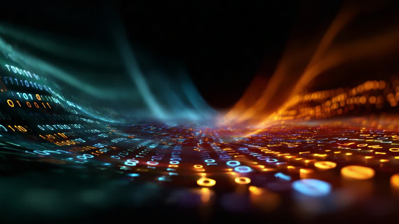 Dynamic Flow of Binary Data Representation in a Futuristic Digital Environment, Emphasizing the Interaction of Colorful Light Waves, Creating a Vivid Visualization of Data Transmission and Processing