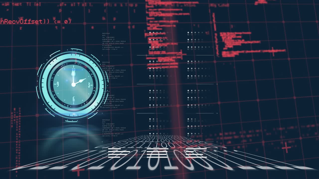 Animation of clock, binary coding and data processing on screen