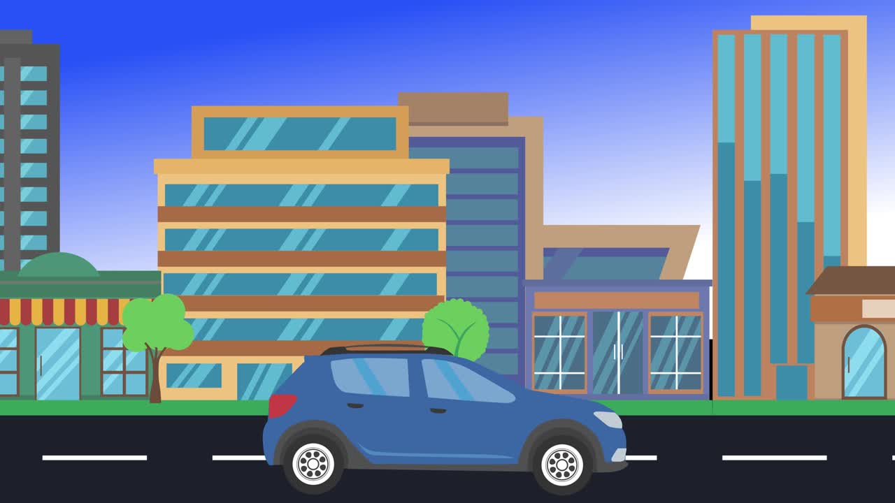 Car driving rides around city side view, loop animation, flat design ...