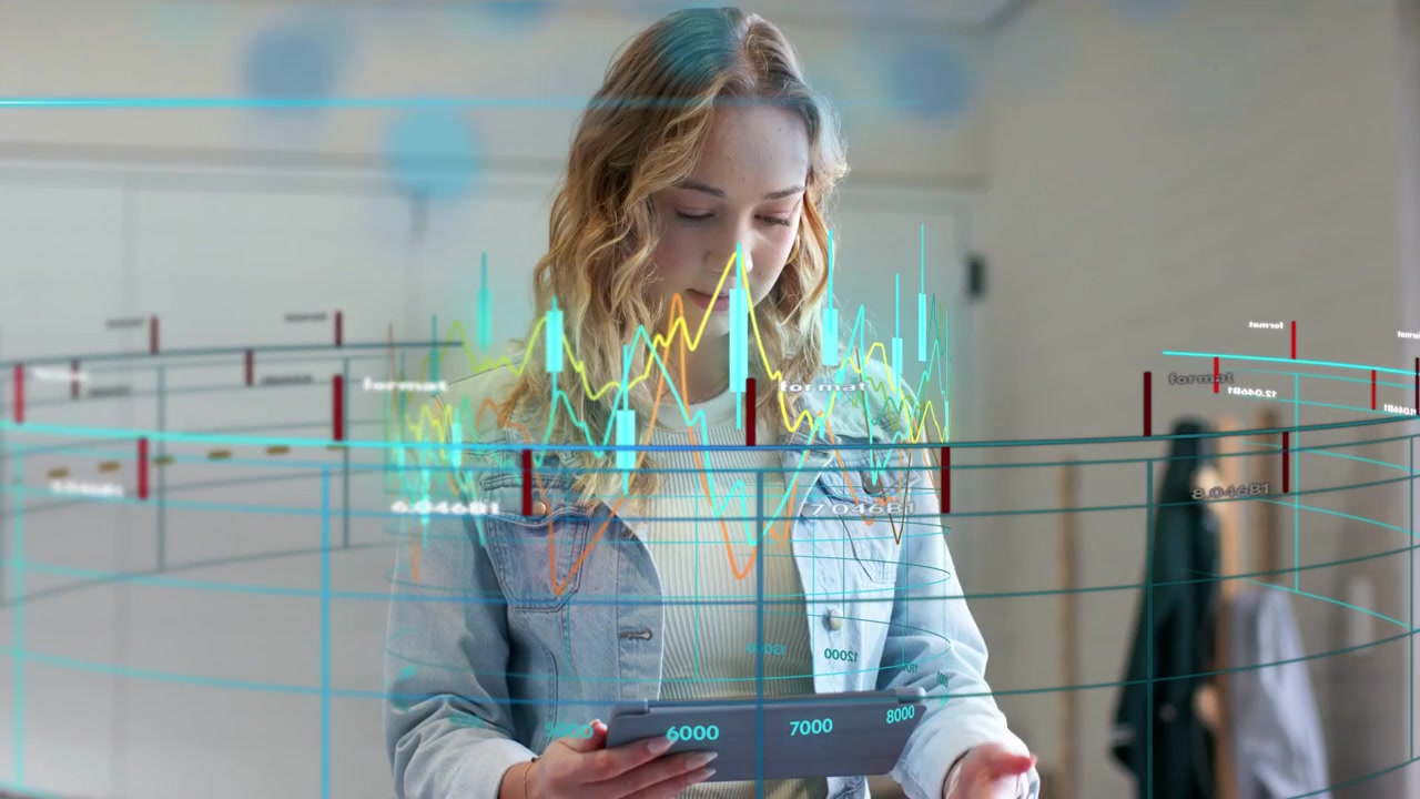Woman in office studying tablet, tapping and activating AR finance charts while analyzing trends