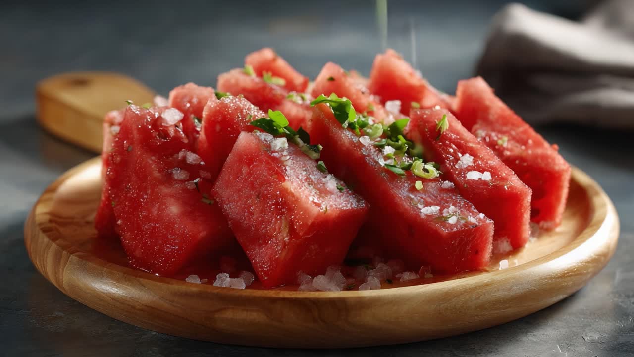 Deliciously Refreshing Watermelon Slices Garnished with Salt and Green Herbs on a Wooden Platter, Perfect for a Summer Treat or Healthy Snack Option