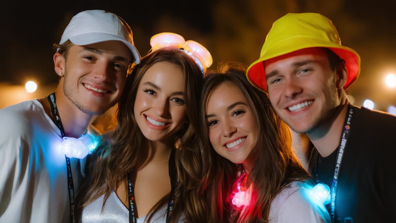 A group of friends enjoying a festive evening together, all wearing playful light-up accessories and cheerful expressions, creating an atmosphere of celebration and fun during a memorable night out