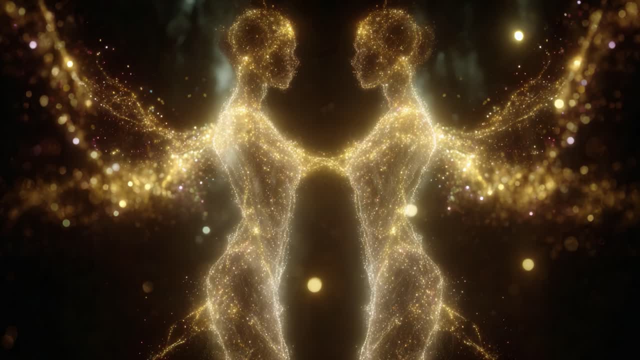 Figure illuminate che si fondono in una danza cosmica: un viaggio attraverso la luce e l'energia, catturando l'essenza della connessione e della trasformazione in una bellezza eterea