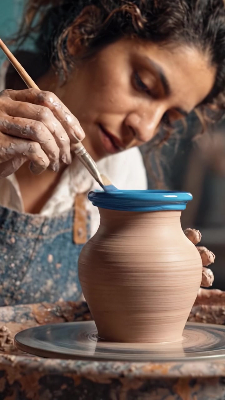 Artigiano che crea un magnifico pezzo di ceramica con dettagli intricati a pennello e un bordo blu vibrante, che mette in mostra l'arte abile della ceramica.