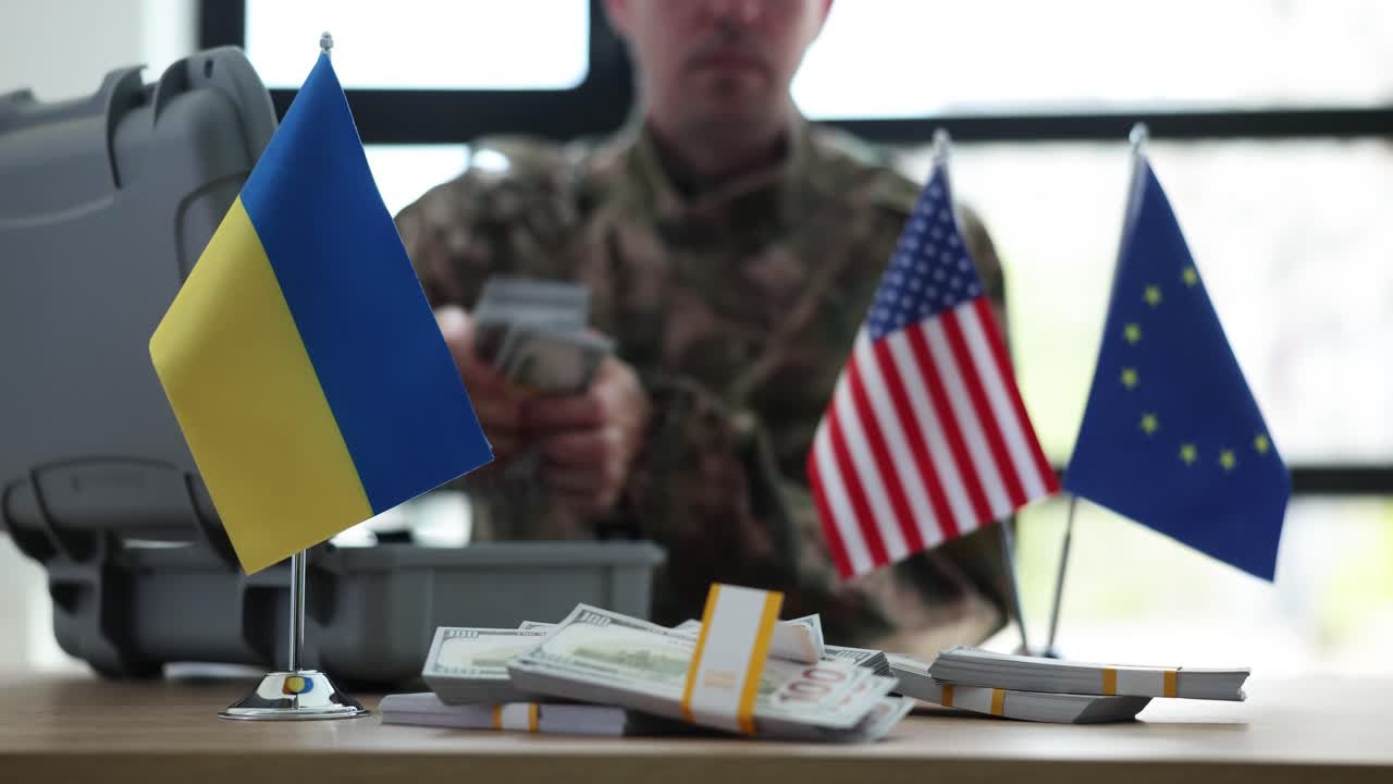 International Support with Ukraine Flags and Money