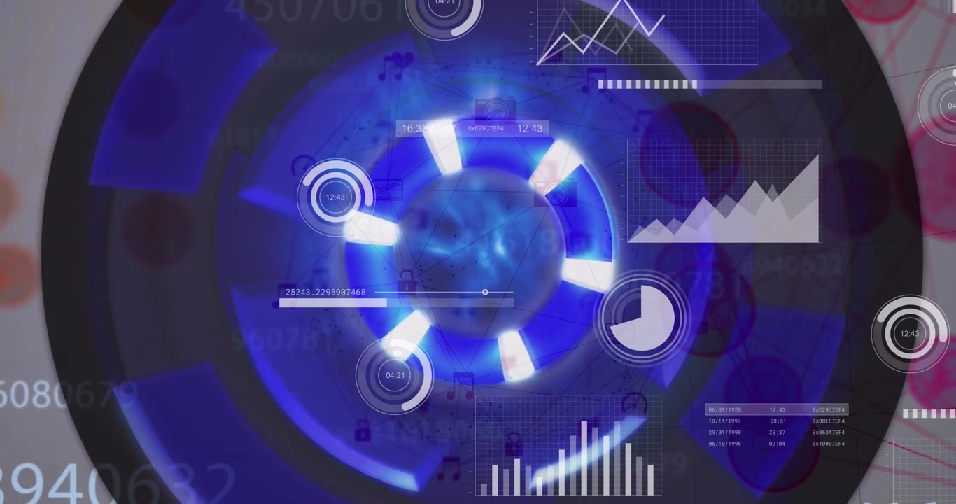 Animation of changing numbers over round scanner and globes of digital icons on grey background