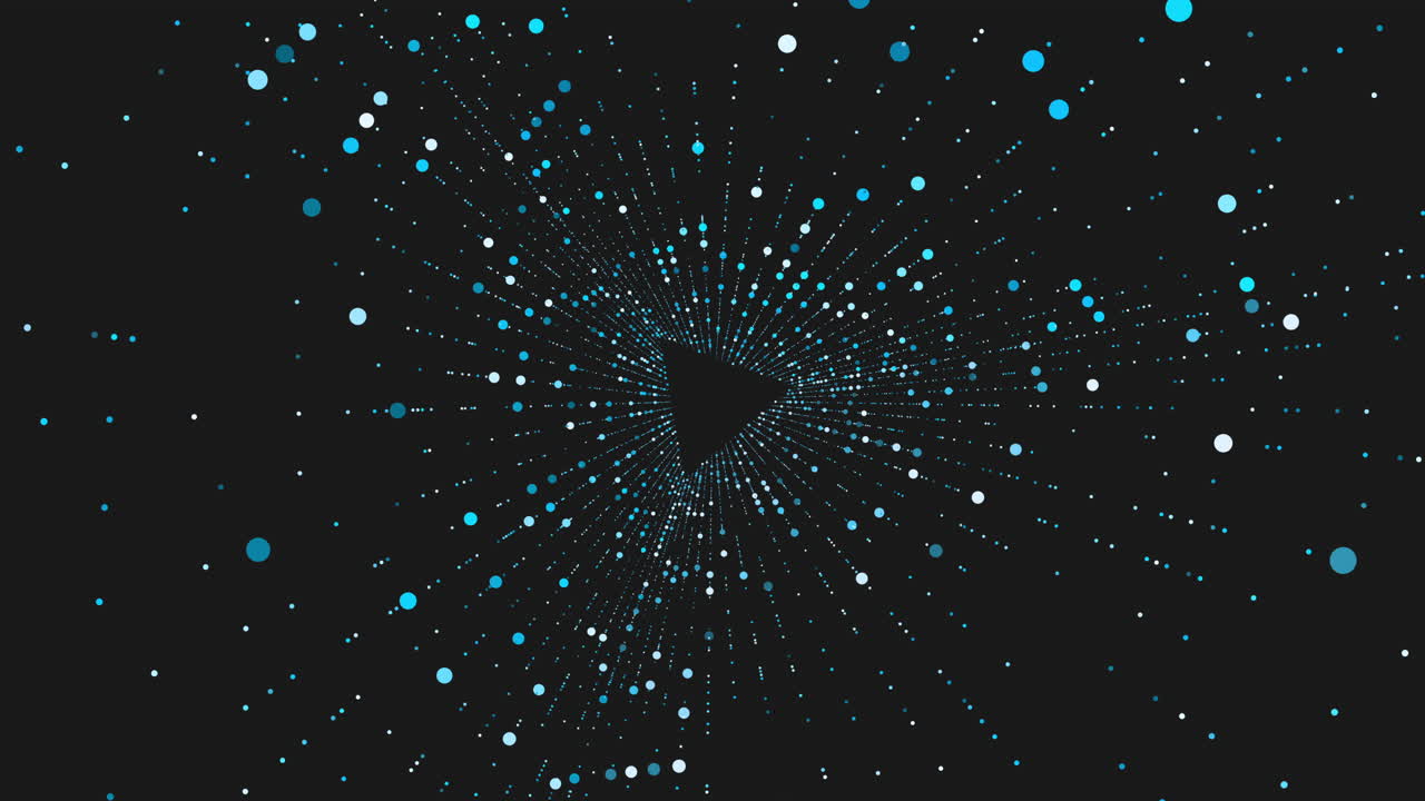 Esplosione astratta di particelle digitali che si irradia da un triangolo su uno sfondo scuro, con punti e linee blu e bianchi che creano un'animazione dinamica di concetto tecnologico.