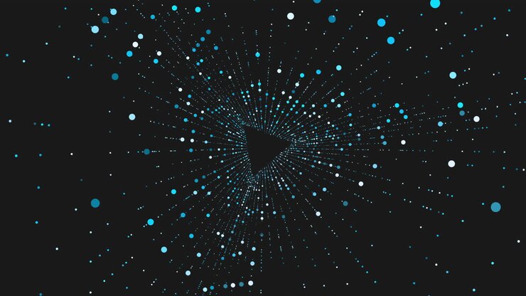 Esplosione astratta di particelle digitali che si irradia da un triangolo su uno sfondo scuro, con punti e linee blu e bianchi che creano un'animazione dinamica di concetto tecnologico.
